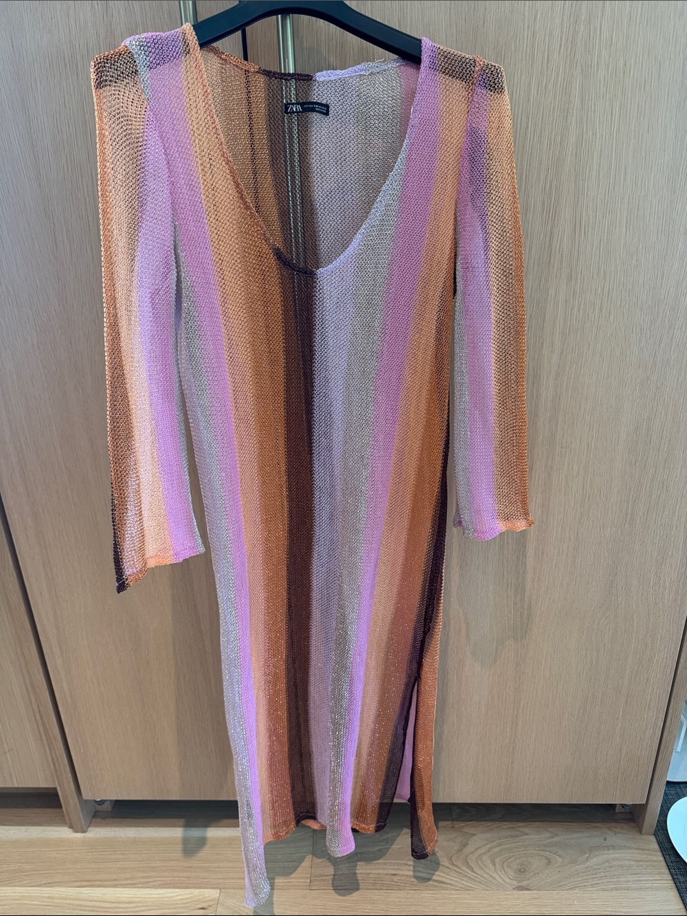 Zara Striped Long-Sleeve Knit beach Dress in Pink, Brown & Orange